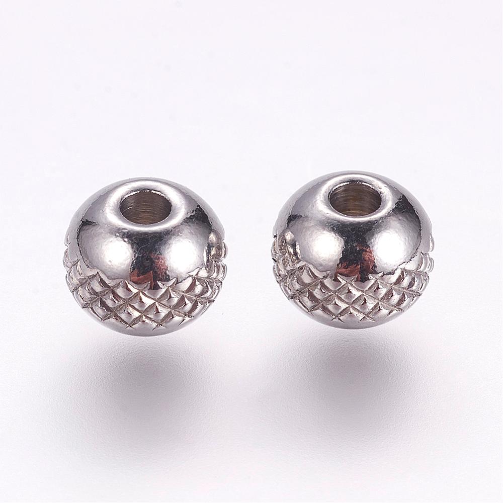 PandaHall 304 Stainless Steel Beads, Round with Corrugated, Stainless Steel Color, 8x7mm, Hole: 2.5mm Stainless Steel Round