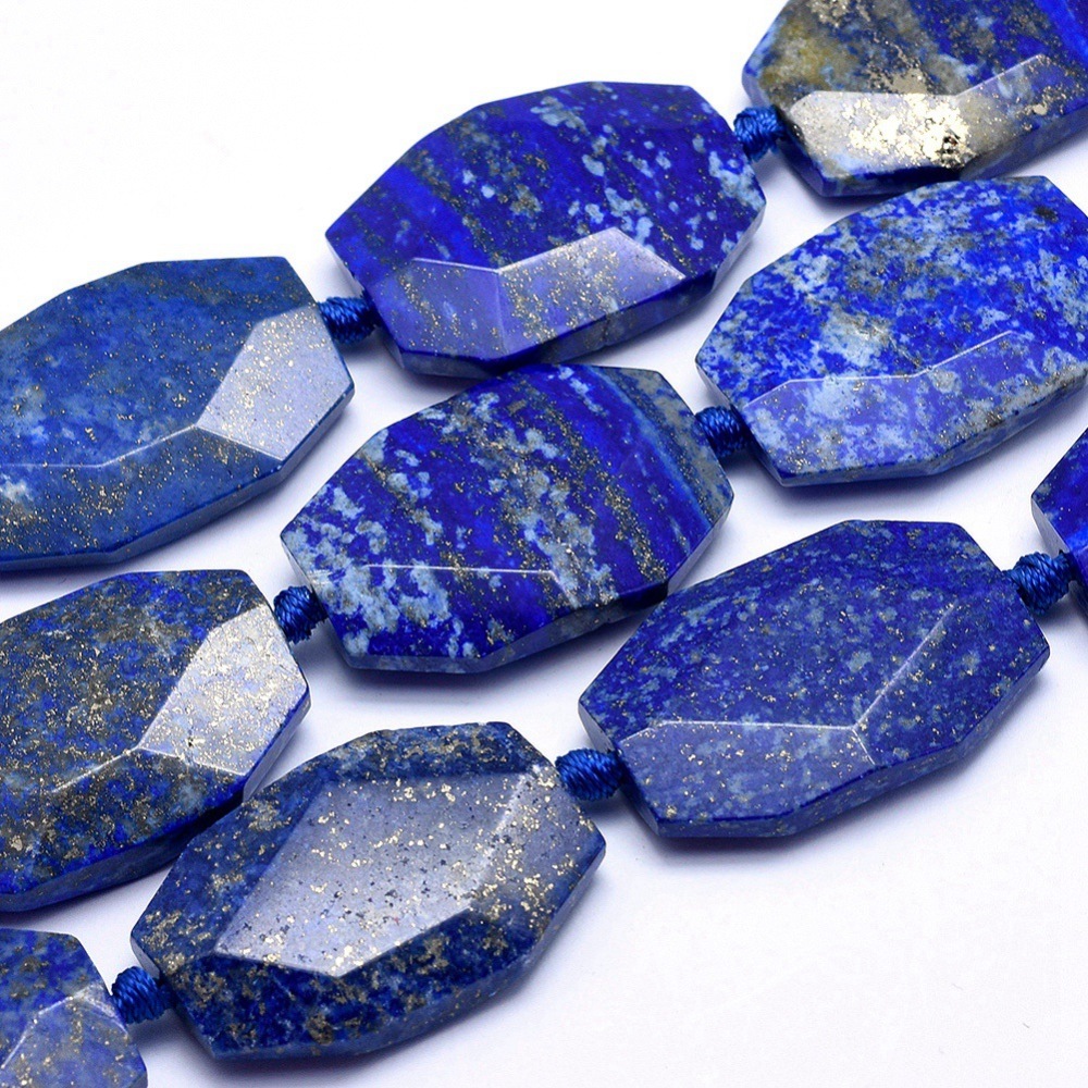 PandaHall Natural Lapis Lazuli Beads Strands, Faceted, Oval, 33~35x23~24x7~9mm, Hole: 2mm; about 10pcs/strand, 14.7"(40cm) Lapis Lazuli Oval