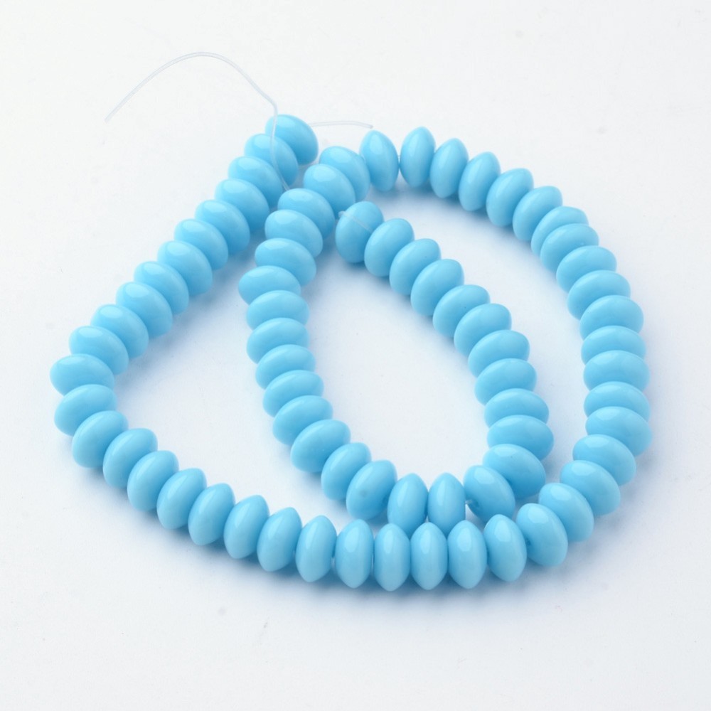 PandaHall Glass Beads Strands, Rondelle, Dyed, LightSkyBlue, 8x4mm, Hole: 1mm; about 75pcs/strand, 13" Glass Rondelle Blue