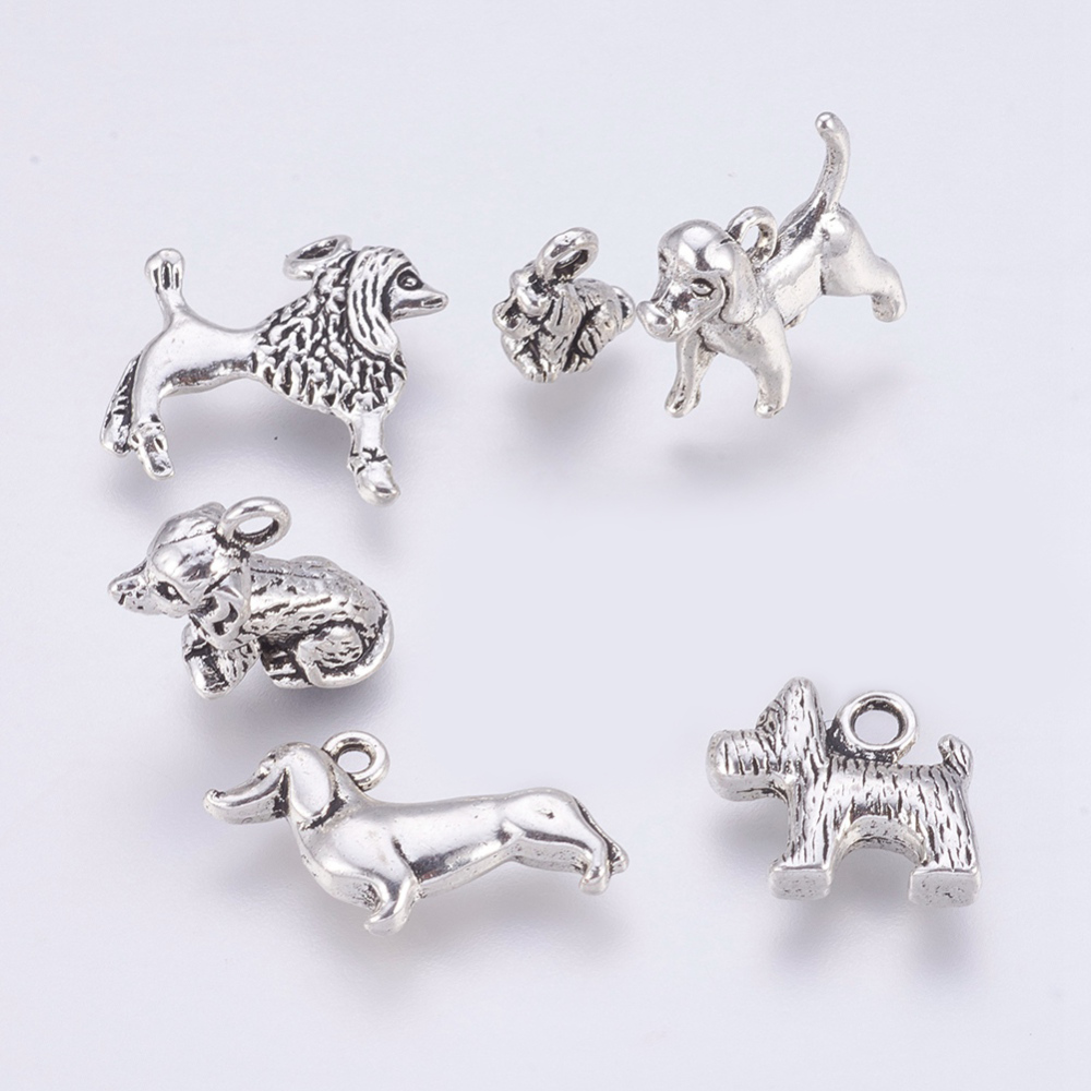 PandaHall Tibetan Style Alloy Charms,  Dog, Antique Silver, 6pcs/set Alloy Dog