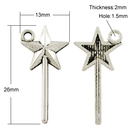 PandaHall Tibetan Style Pendants, Lead Free & Nickel Free, Star, Magic Wand, Antique Silver, 26x13x2mm, Hole: 1.5mm Alloy Star
