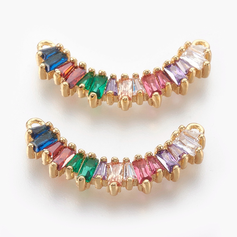 PandaHall Brass Micro Pave Cubic Zirconia Pendants, Curved, Colorful, Golden, 12.5x27x3.5mm, Hole: 1.2mm Brass+Cubic Zirconia Others