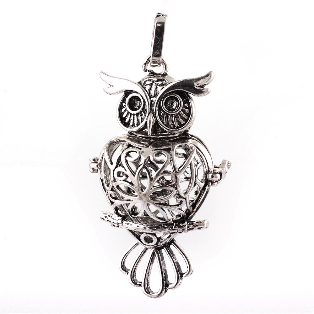 PandaHall Rack Plating Brass Cage Pendants, For Chime Ball Pendant Necklaces Making, Owl, Antique Silver, 51x29x20mm, Hole: 4x7mm; inner...