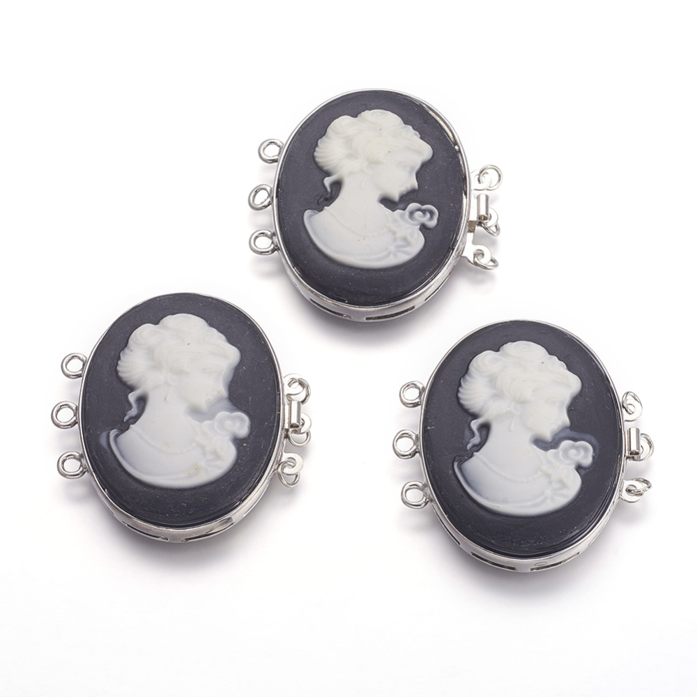 PandaHall Resin Box Clasps, Multi-Strand Clasps, with Platinum Tone Brass Findings, Oval with Girl, Black, 41.5~42x39~40x9~11mm, Hole: 2mm...