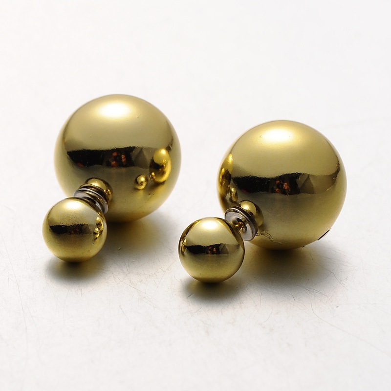 PandaHall Electroplated Plastic Pearl Ball Stud Earrings, LightKhaki, 8~15.5mm, Pin: 0.8mm Plastic