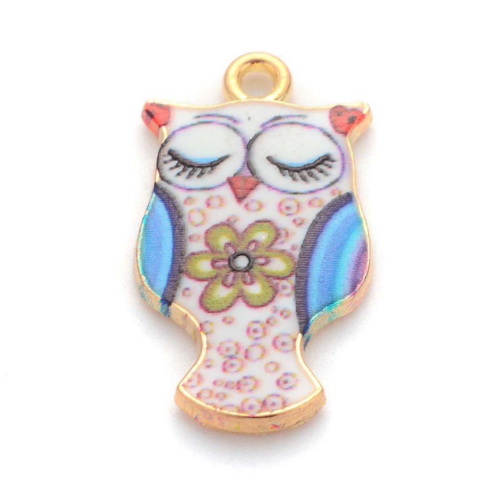 PandaHall Printed Alloy Pendants, Owl, Golden, Colorful, 22.5x12x1.5mm, Hole: 1.5mm Alloy Owl