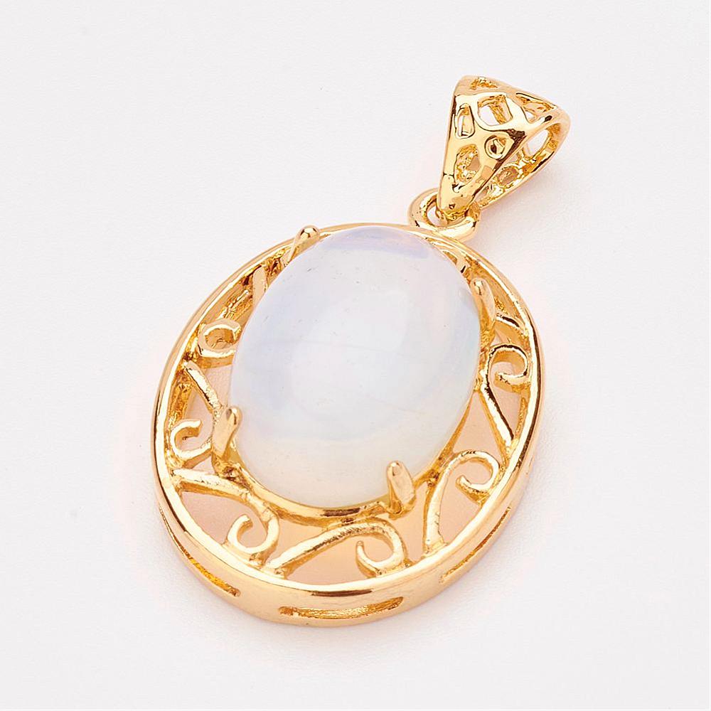 PandaHall Opalite Pendants, with Golden Tone Brass Findings, Oval, 29~30x20~21x11mm, Hole: 4x6mm Opalite Oval Clear