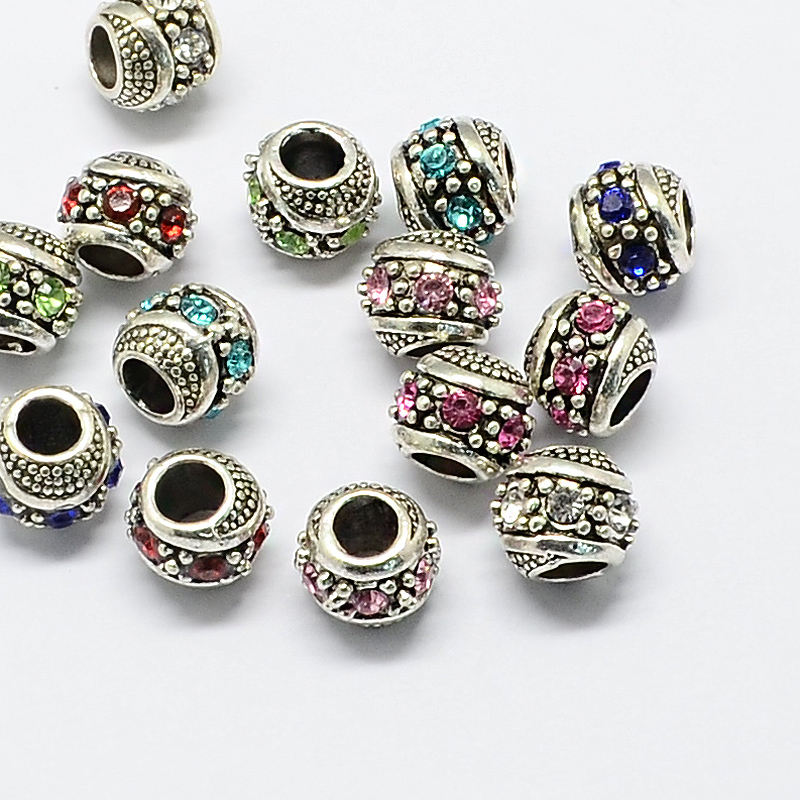PandaHall Alloy Rhinestone European Beads, Rondelle Large Hole Beads, Antique Silver, Mixed Color, 11x10mm, Hole: 5mm Alloy+Rhinestone...