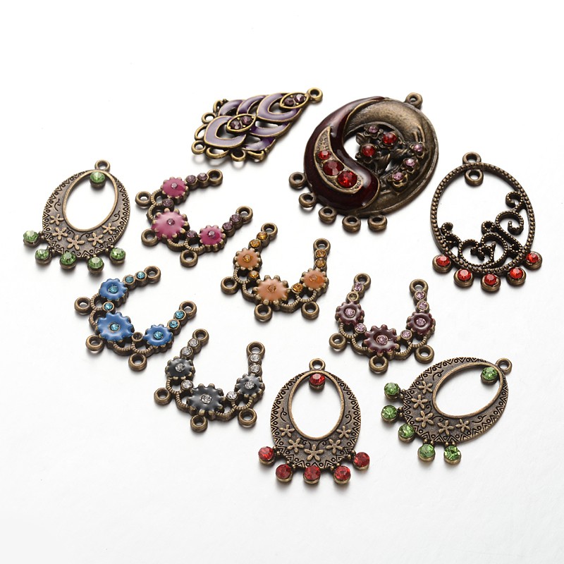 PandaHall Tibetan Style Antique Bronze Plated Alloy Rhinestone Links, Mixed Shapes, Mixed Color, 25~42x23~28x2~4.5mm, Hole: 2mm...