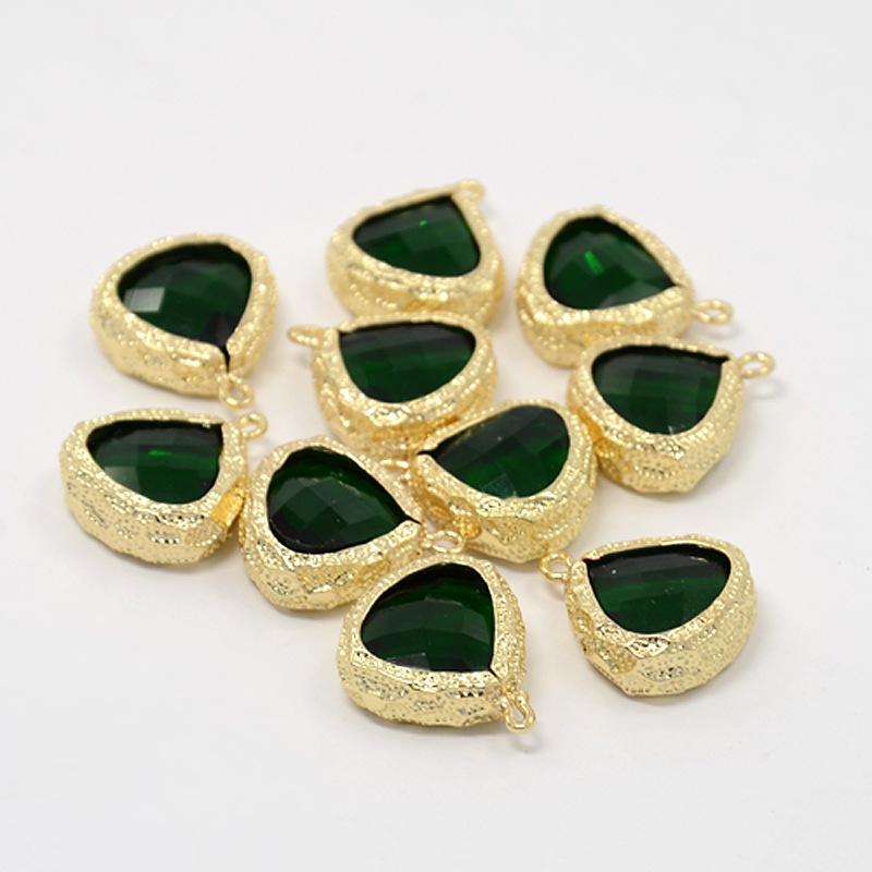 PandaHall Real Gold Plated Brass Glass Pendants, Faceted Triangle Charms, Green, 19x16x6mm, Hole: 1mm Brass+Glass Triangle Green