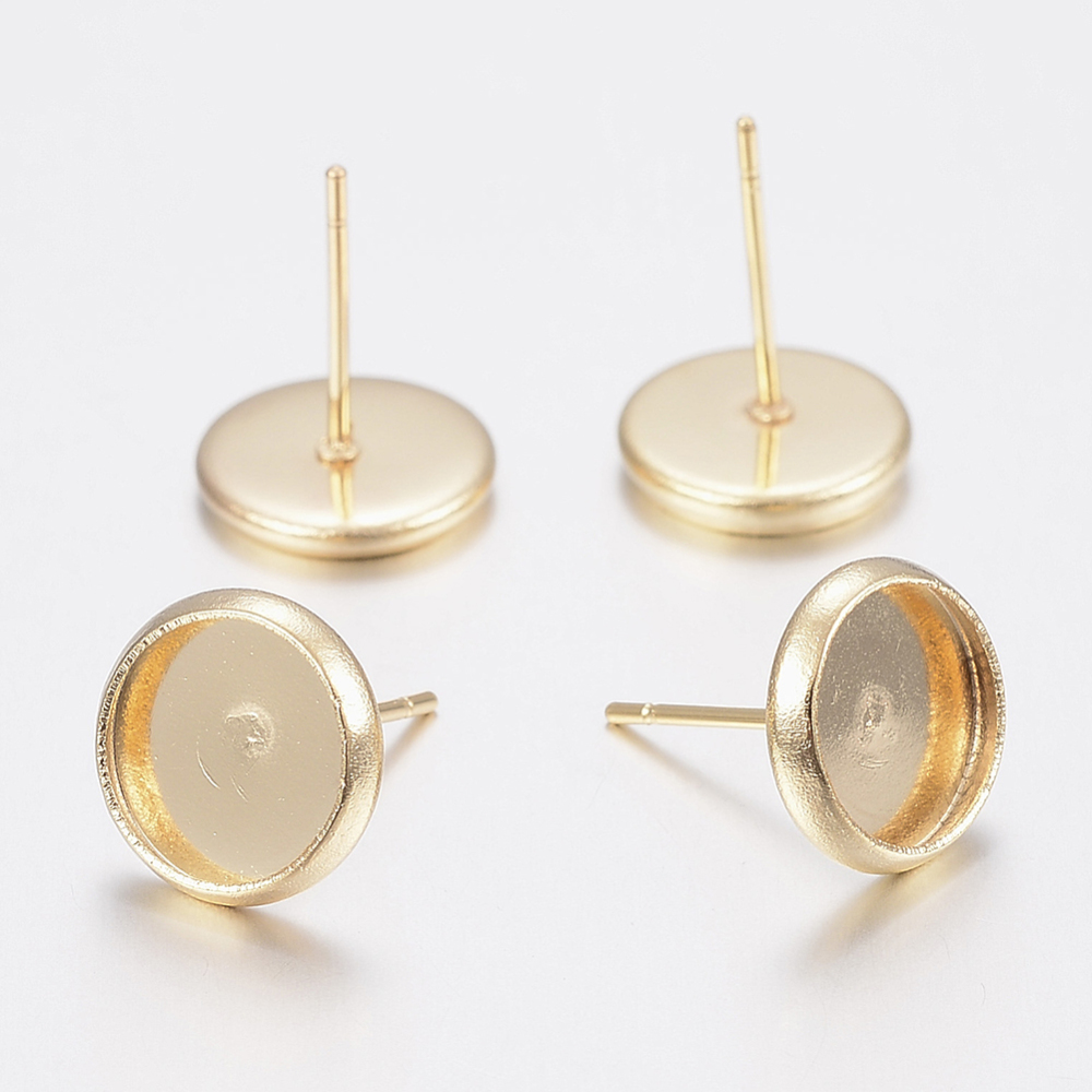 PandaHall 304 Stainless Steel Stud Earring Settings, Flat Round, Golden, Tray: 6mm; 8x1.5mm, Pin: 0.8mm Stainless Steel