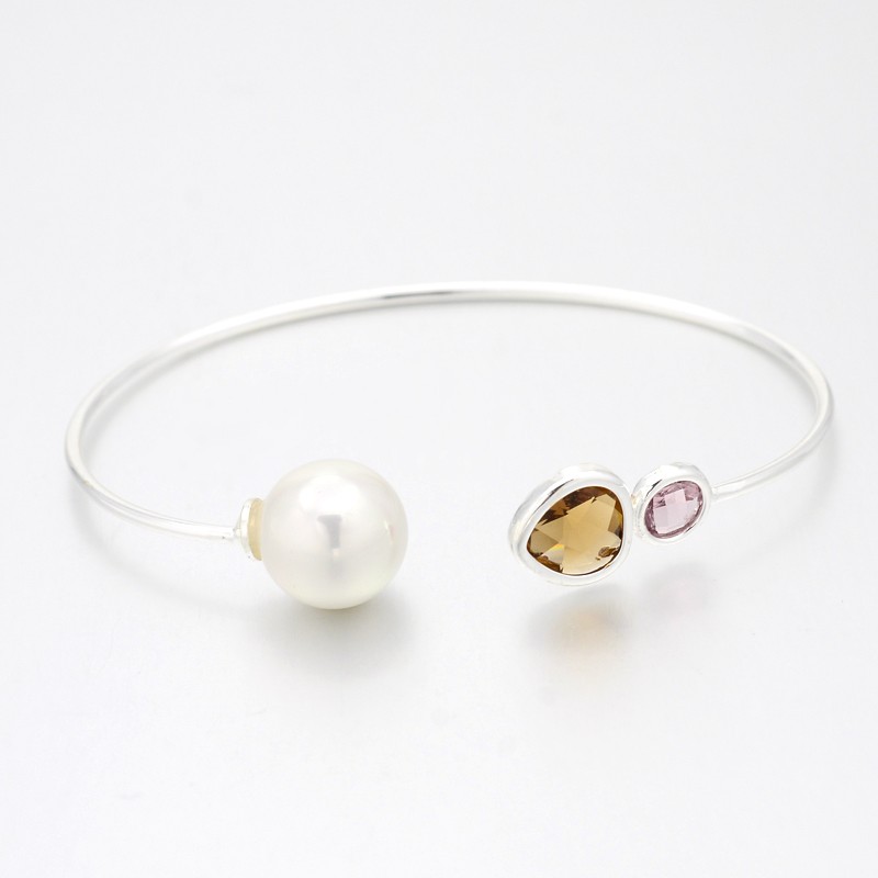 PandaHall Nickel Free Unfading Silver Plated Brass Glass Cuff Bangles, Torque Bangles, with Round Acrylic Pearl, Coffee, 45x61mm Glass Brown