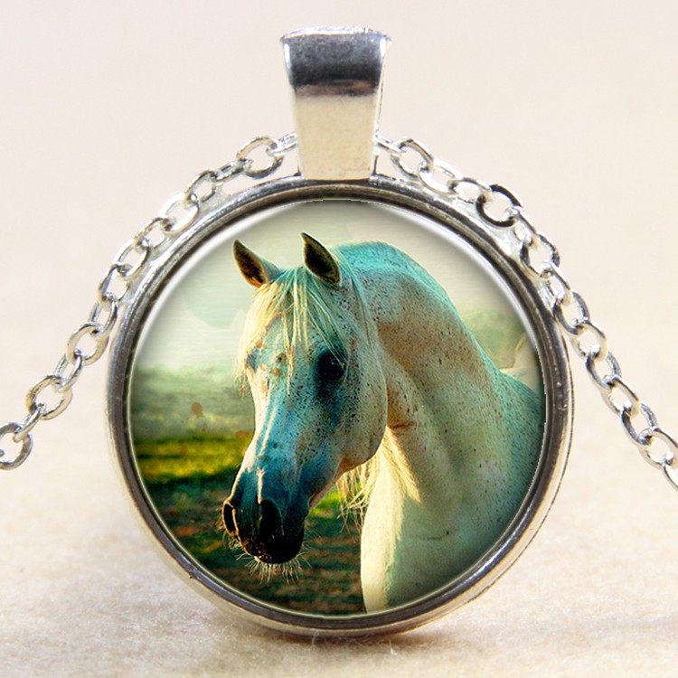 PandaHall Horse Pattern Flat Round Glass Pendant Necklaces, with Alloy Chains, Silver, 18" Glass