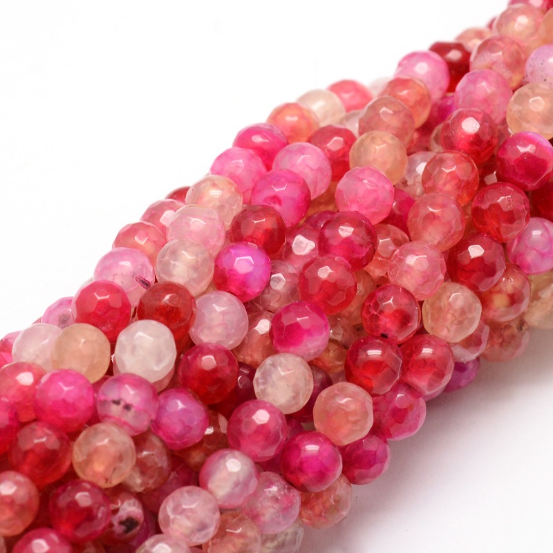 PandaHall Faceted Natural Agate Round Beads Strands, Dyed, Camellia, 6mm, Hole: 1mm; about 64pcs/strand, 14.7" Natural Agate Round Pink