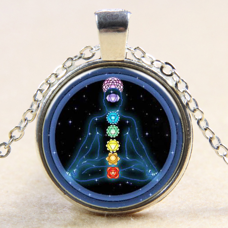 PandaHall Glass Pendant Necklaces, with Alloy Chains, Flat Round with Chakra, Silver, 18" Glass Silver