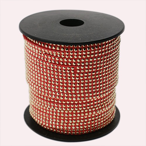 PandaHall 2 Row Golden Aluminum Studded Korea Faux Suede Cord, Faux Suede Lace, Red, 5x2mm; about 20yards/roll Suede Red