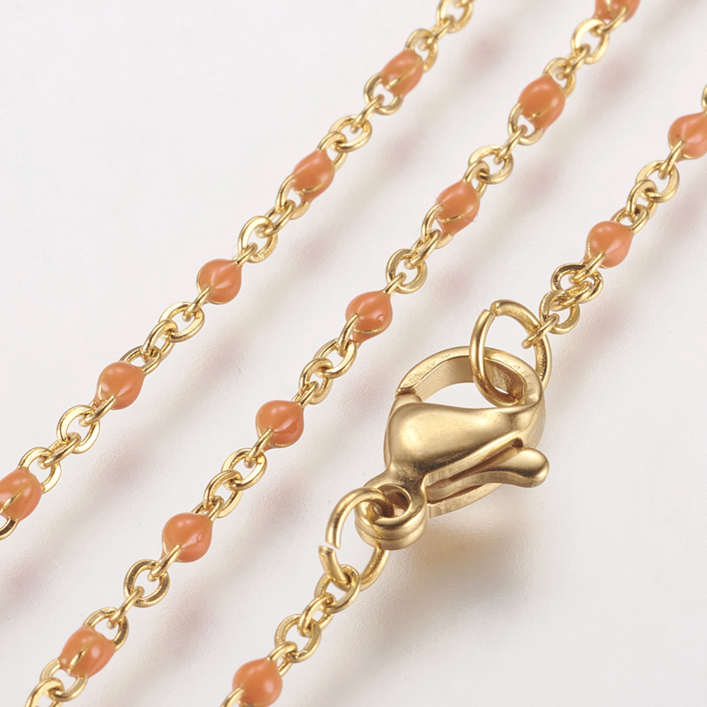 PandaHall 304 Stainless Steel Chain Necklaces, with Enamel, Golden, Orange, 17.91"(45.5cm); 2mm Stainless Steel Orange