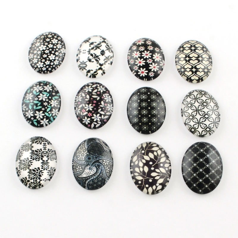 PandaHall Floral Pattern Glass Oval Flatback Cabochons for DIY Projects, Mixed Color, 40x30x8mm Glass Oval Multicolor