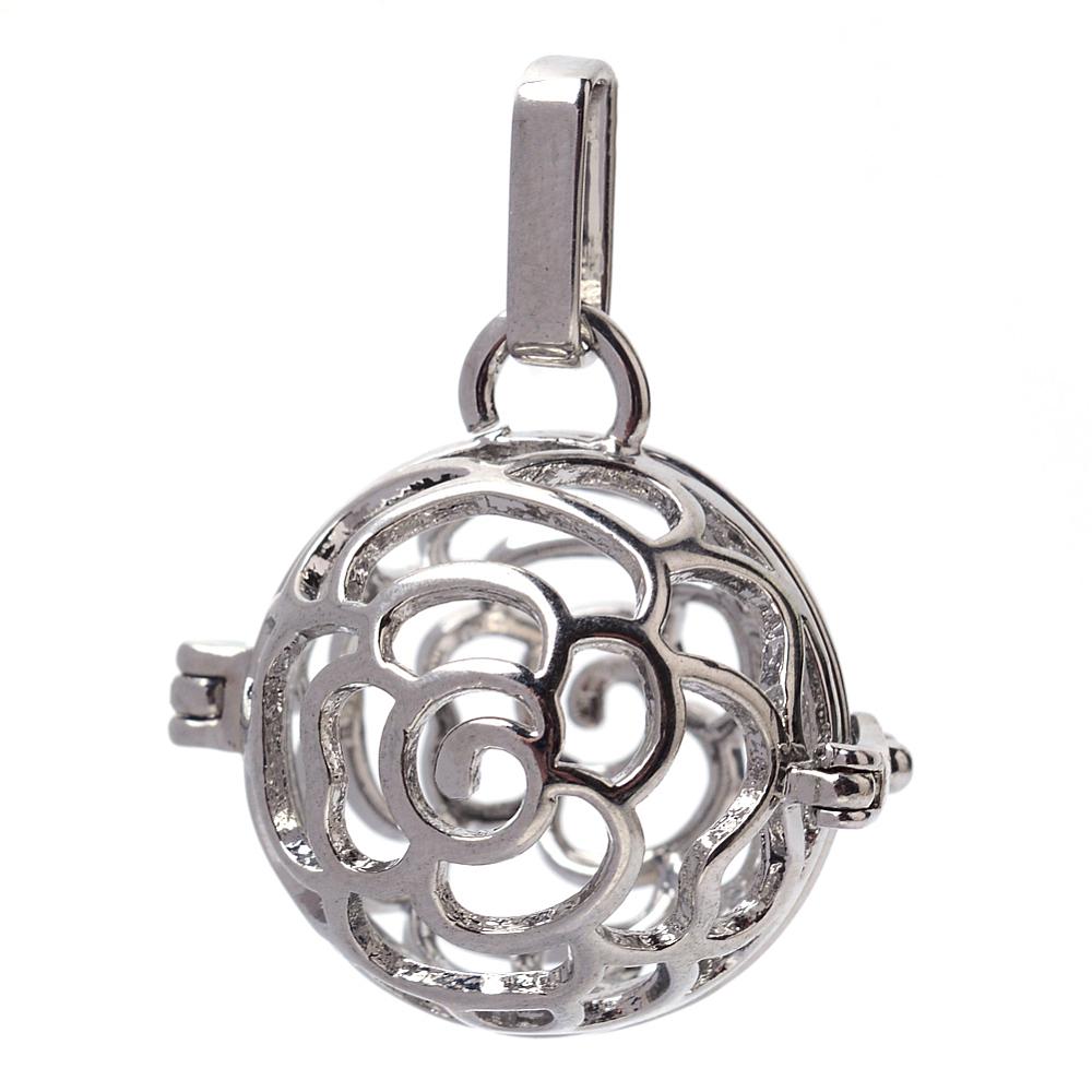 PandaHall Rack Plating Brass Cage Pendants, For Chime Ball Pendant Necklaces Making, Hollow Round with Flower, Platinum, 25x25x20mm, Hole...