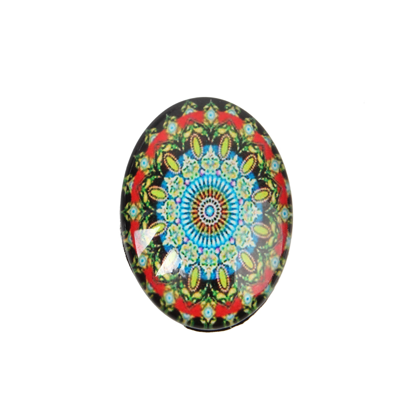 PandaHall Geometric Flower Photo Glass Oval Cabochons, Colorful, 25x18x6mm Glass Oval