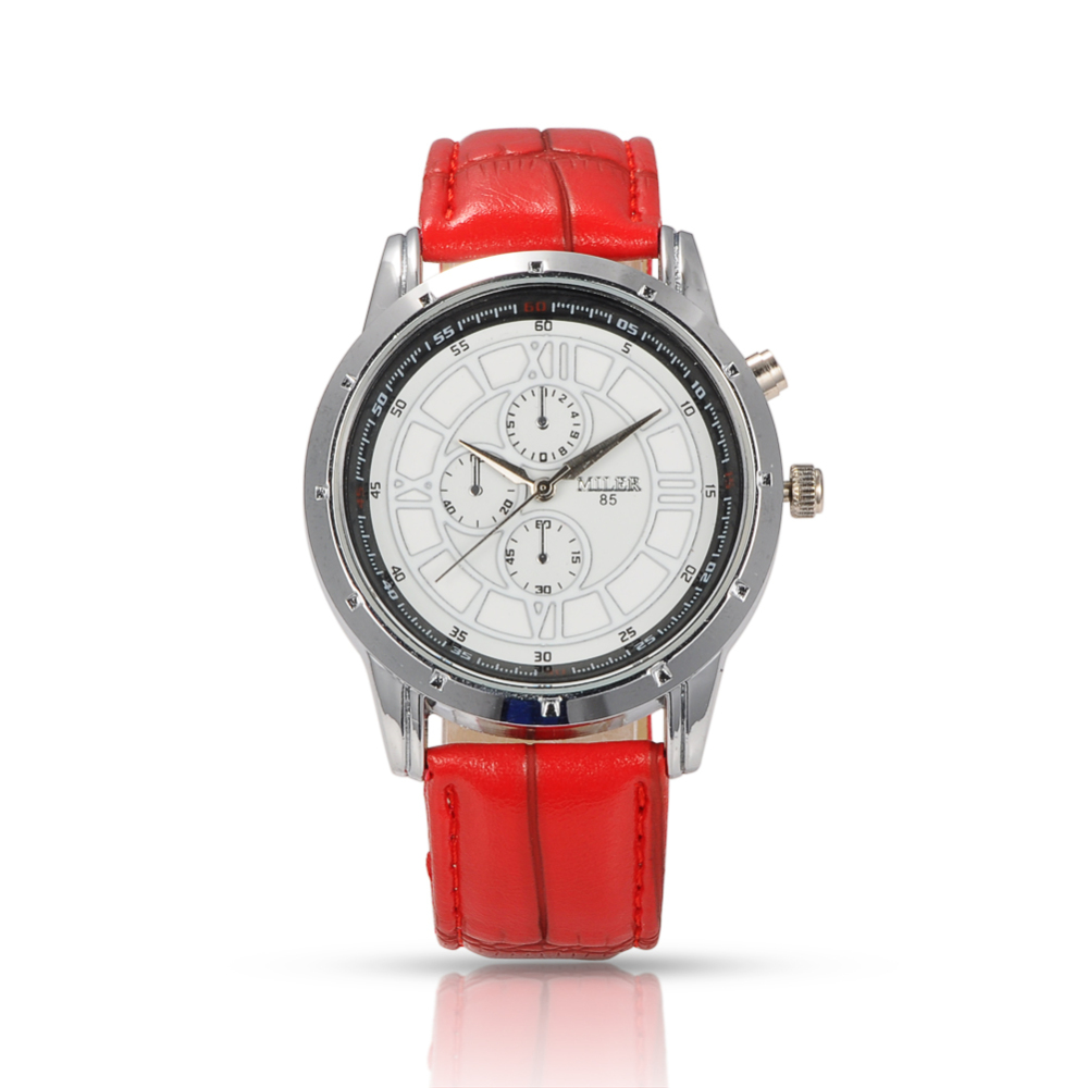 PandaHall High Quality Stainless Steel Leather Quartz Watches Wristwatch, Red, 255x21mm; Watch Head: 51x47x12mm Stainless Steel Red