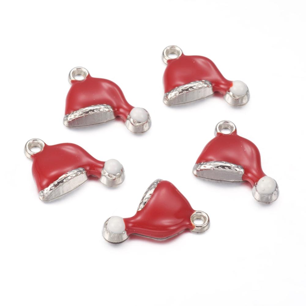 PandaHall Brass Enamel Pendants, Lead Free and Nickel Free, Christmas Hat, Platinum Color, Red and White, Size: about 16.5mm long, 17mm wide...