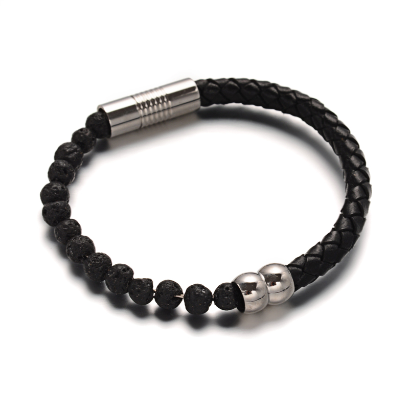 PandaHall Leather Cord Bracelets, with Lava Beads & 304 Stainless Steel Magnetic Clasps, Lava, 51x63mm Lava Black