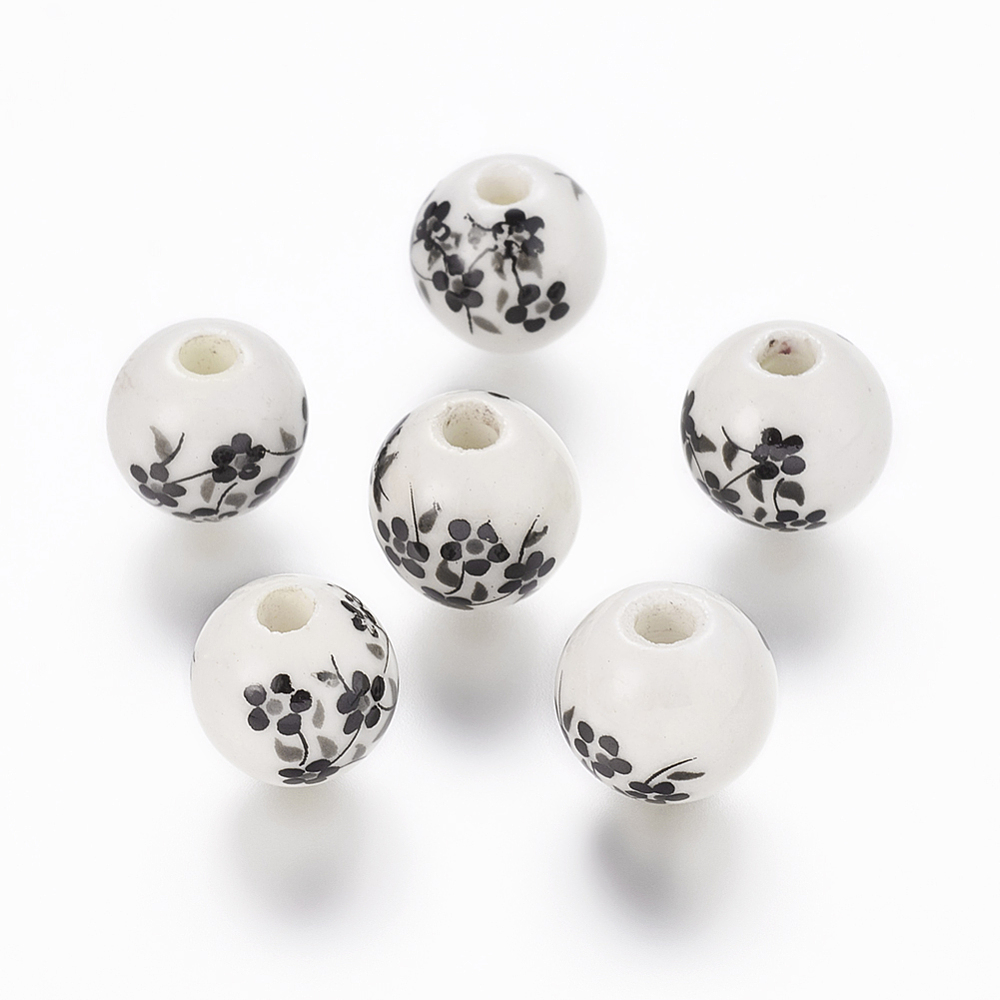 PandaHall Handmade Printed Porcelain Beads, Round, Black, 10mm, Hole: 3mm Porcelain Round Black