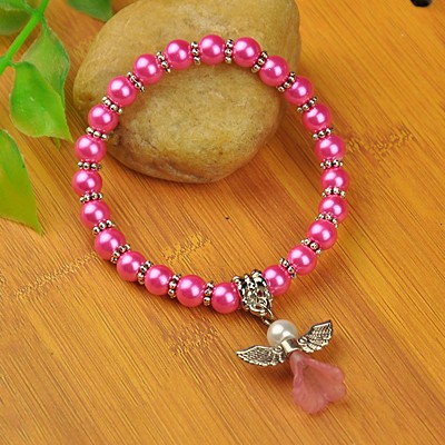 PandaHall Lovely Wedding Dress Angel Bracelets for Kids, Carnival Stretch Bracelets, with Glass Pearl Beads and Tibetan Style Beads, HotPink...