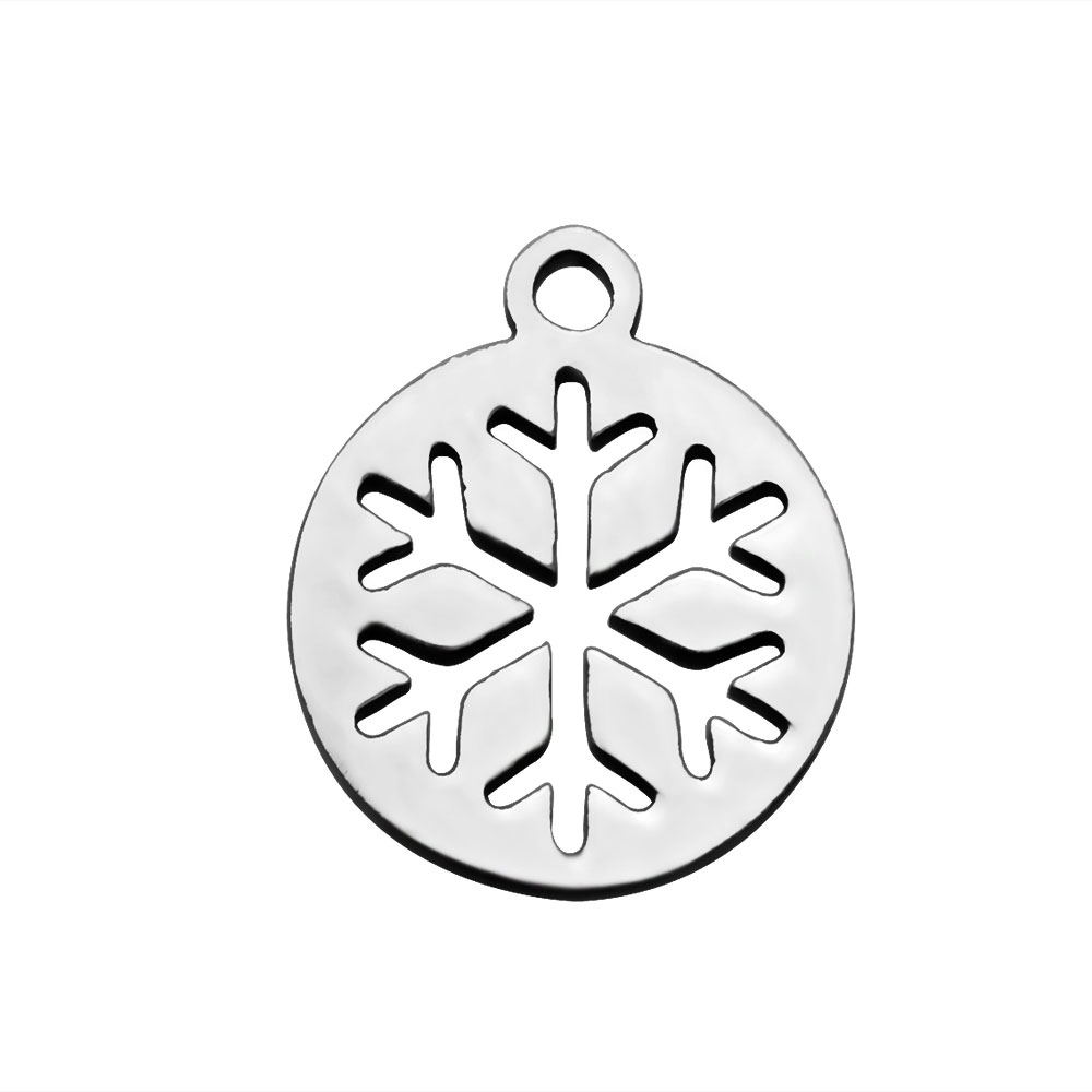 PandaHall 304 Stainless Steel Charms, Flat Round with Snowflake, Stainless Steel Color, 14x12x1mm, Hole: 1.5mm Stainless Steel Flat Round