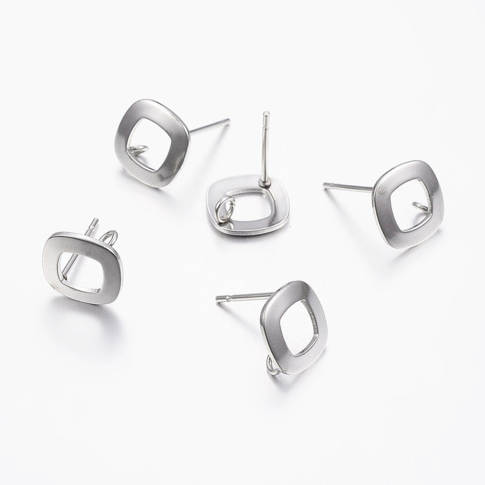 PandaHall 304 Stainless Steel Stud Earring Findings, Square, Stainless Steel Color, Pin: 0.8mm; 9.5x9.5x1mm, Hole: 2mm Stainless Steel