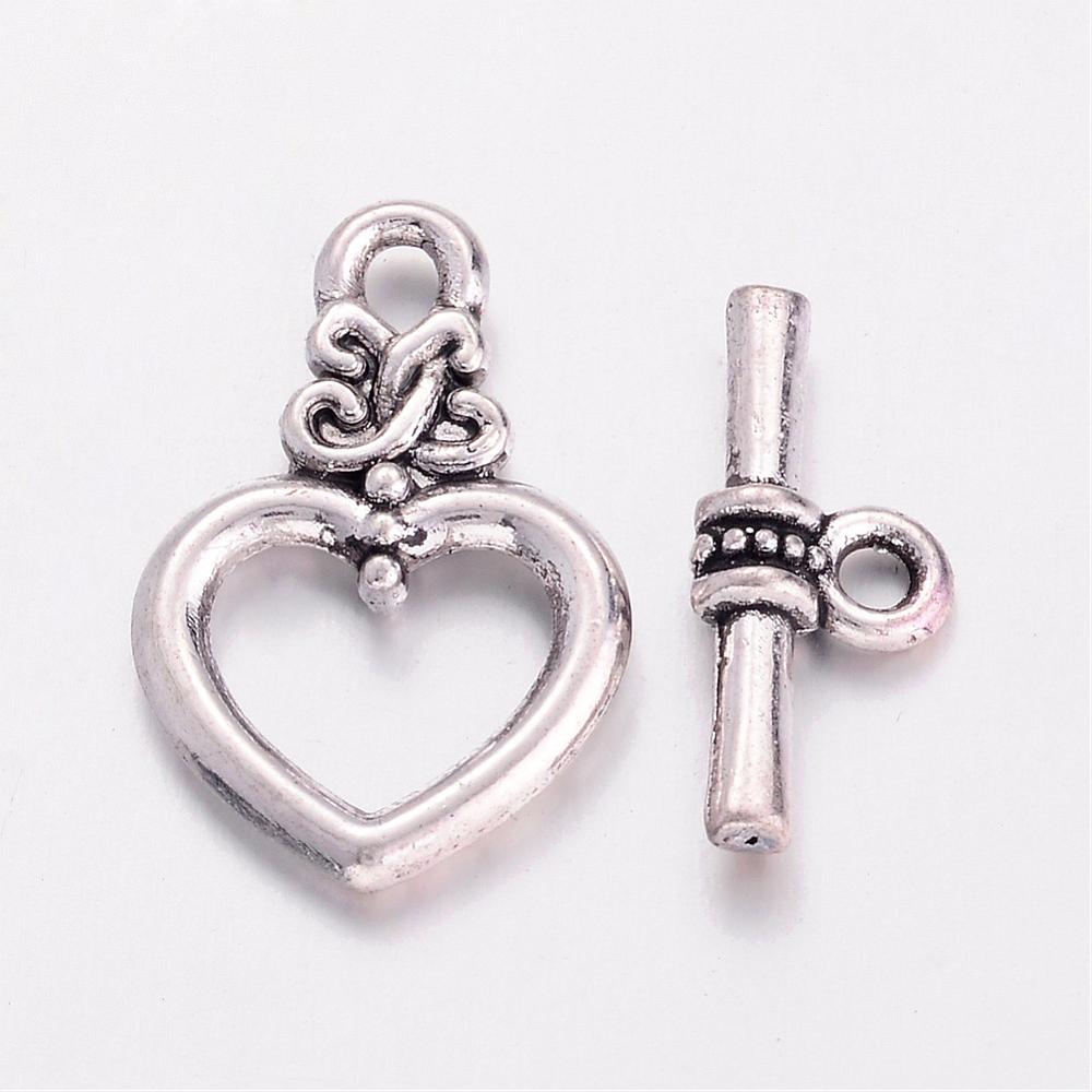 PandaHall Alloy Toggle Clasps, Bracelet Closures, Lead Free and Cadmium Free & Nickel Free, Antique Silver Color, Heart: 20x13x3.5mm, Hole...