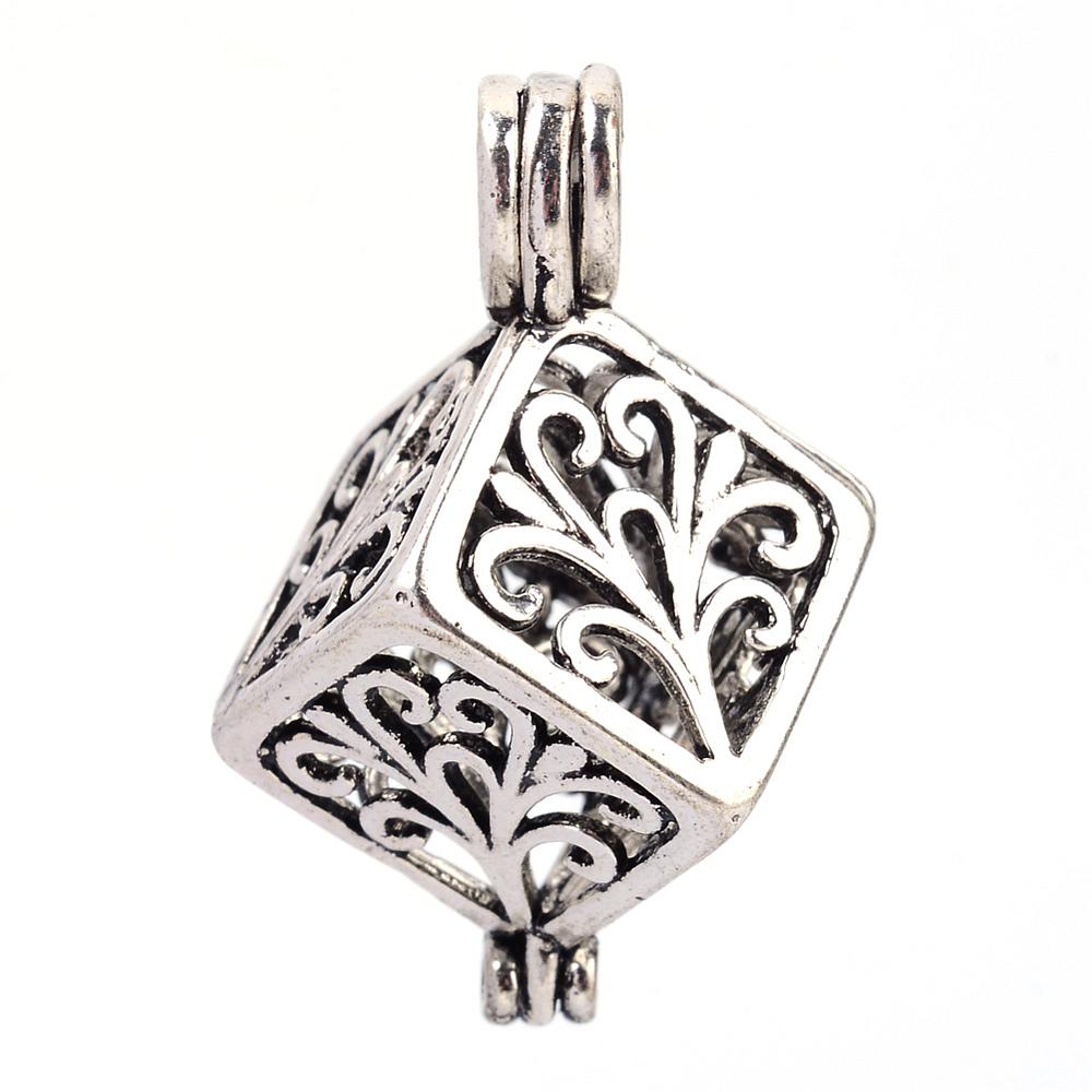 PandaHall Rack Plating Brass Diffuser Locket Pendants, Cube, Antique Silver, 29x12~13x12~13mm, Hole: 3x5mm; inner measure: 11mm Brass Cube