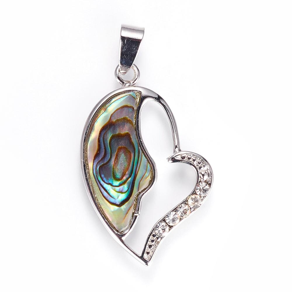 PandaHall Natural Paua Shell Pendants, with Rhinestone and Brass Findings, Heart, Platinum, 37x24~25x3~3.5mm, Hole: 4x7mm Paua Shell Heart