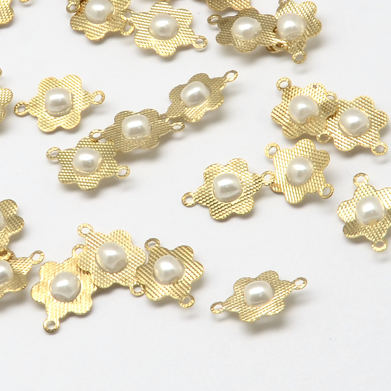 PandaHall Golden Tone Brass Flower Links, with ABS Plastic Imitation Pearl Beads, White, 14x9x4mm, Hole: 1~2mm Brass+Acrylic Flower White