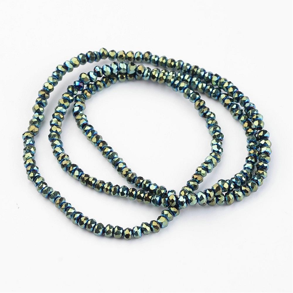 PandaHall Electroplate Glass Bead Strands, Faceted, Rondelle, Green Plated, 3x2mm, Hole: 1mm; about 196pcs/strand, 16" Glass Rondelle
