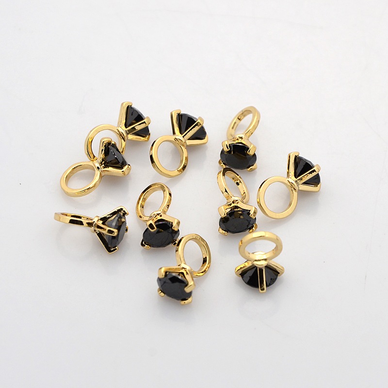 PandaHall Real Gold Plated Brass Rhinestone Pendants, Diamond Rings Charms, Hematite, 12x8mm, Hole: 5mm Brass+Rhinestone Diamond