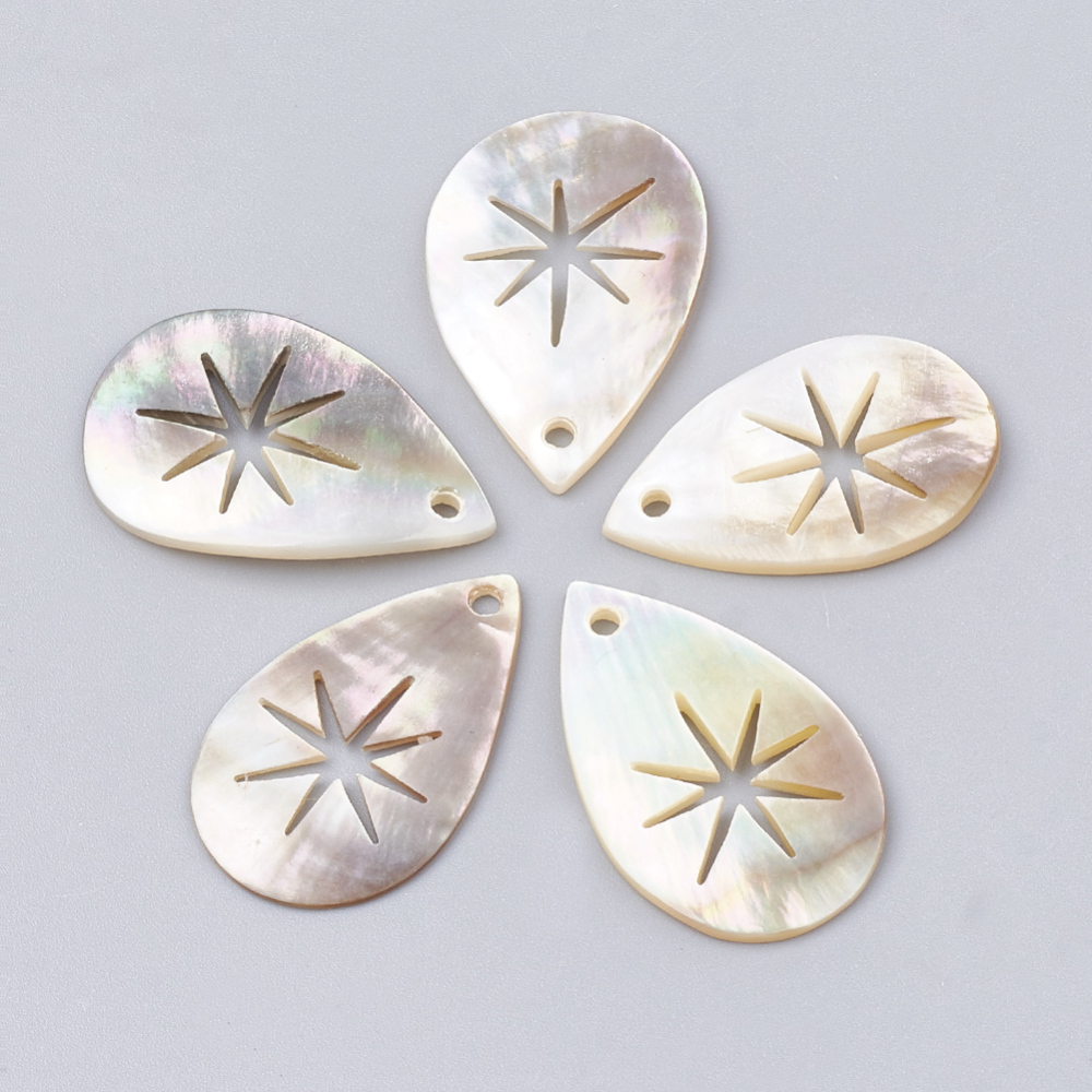 PandaHall Black Lip Shell Pendants, Drop with Star, Seashell, 28.5~31x17~20x1.5~2.5mm, Hole: 1.5mm Black Lip Shell Drop Ivory
