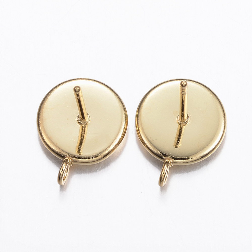 PandaHall 304 Stainless Steel Stud Earring Settings, Flat Round, Golden, Tray: 8mm; 12.5x10x2mm, Hole: 2mm; Pin: 0.8mm Stainless Steel