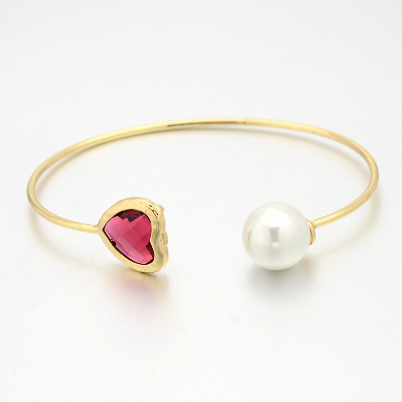 PandaHall Nickel Free Unfading Golden Plated Brass Glass Cuff Bangles, Torque Bangles, with Round Acrylic Pearl, Cerise, 50x64mm Glass Red