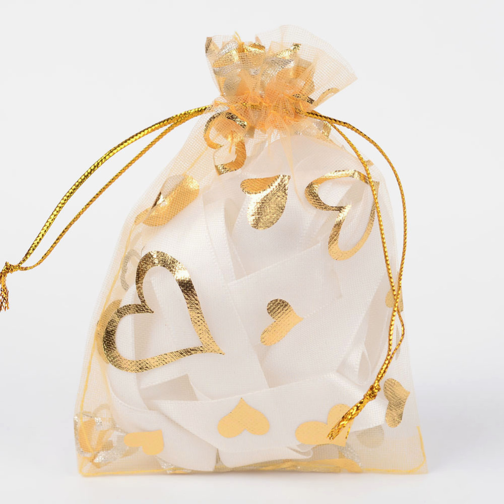PandaHall Heart Printed Organza Bags, Gift Bags, Rectangle, Goldenrod, 12x10cm Organza Rectangle Gold
