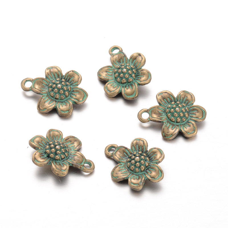PandaHall Flower Alloy Pendants, Nickel Free, Antique Bronze & Green Patina, 18.5x14x5mm, Hole: 2mm Alloy Flower