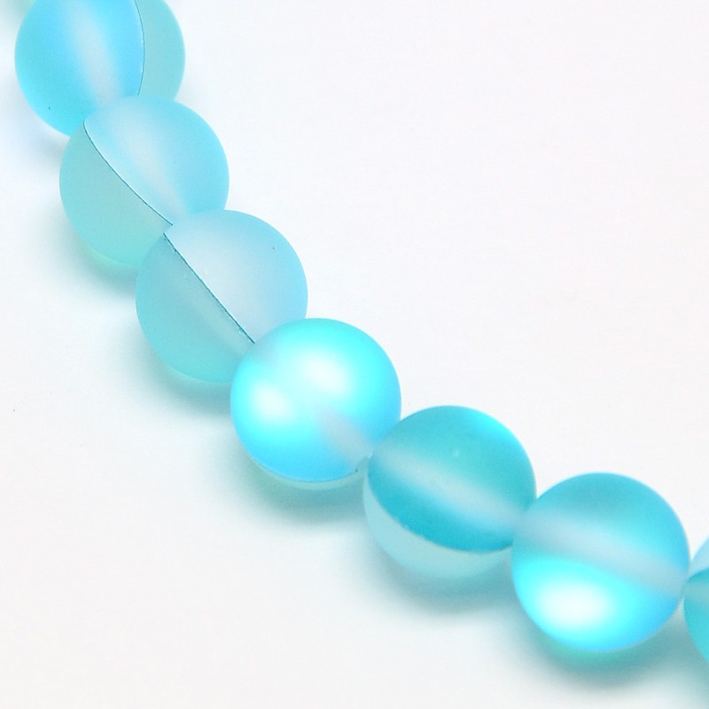 PandaHall Synthetical Moonstone Beads Strands, Frosted, Dyed, Round, Cyan, 8mm, Hole: 1mm; about 47pcs/strand, 15.5" Moonstone Round Cyan