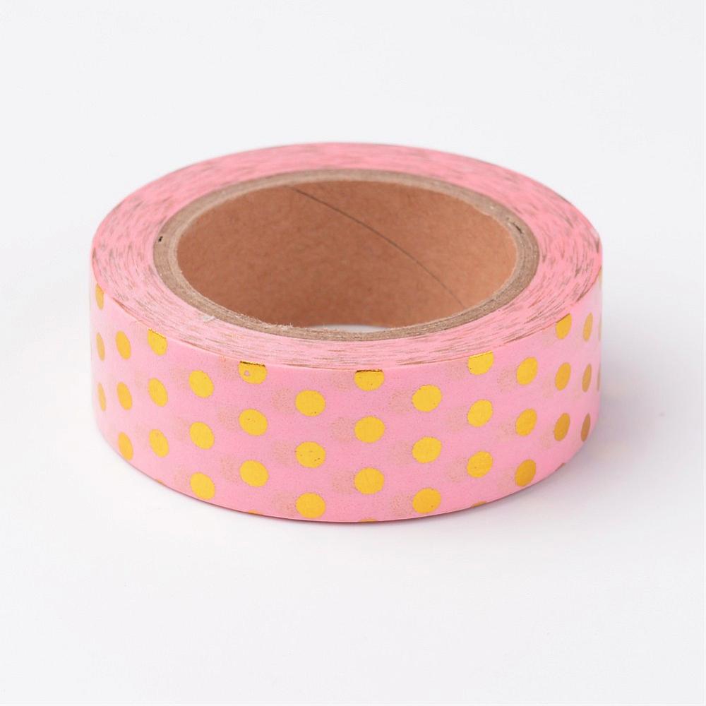 PandaHall DIY Scrapbook Decorative Adhesive Tapes, with Polka Dot Pattern, Pink, 15mm; about 10m/roll Paper Pink