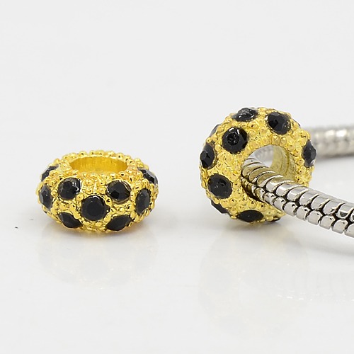 PandaHall Alloy Rhinestone European Beads, Large Hole Beads, Golden Metal Color, Jet, 11x6mm, Hole: 5mm Rondelle Black