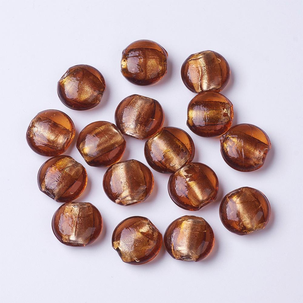 PandaHall Handmade Silver Foil Glass Beads, Flat Round, Goldenrod, about 20mm in diameter, 10mm thick, hole: 2mm Silver Foil Flat Round Gold