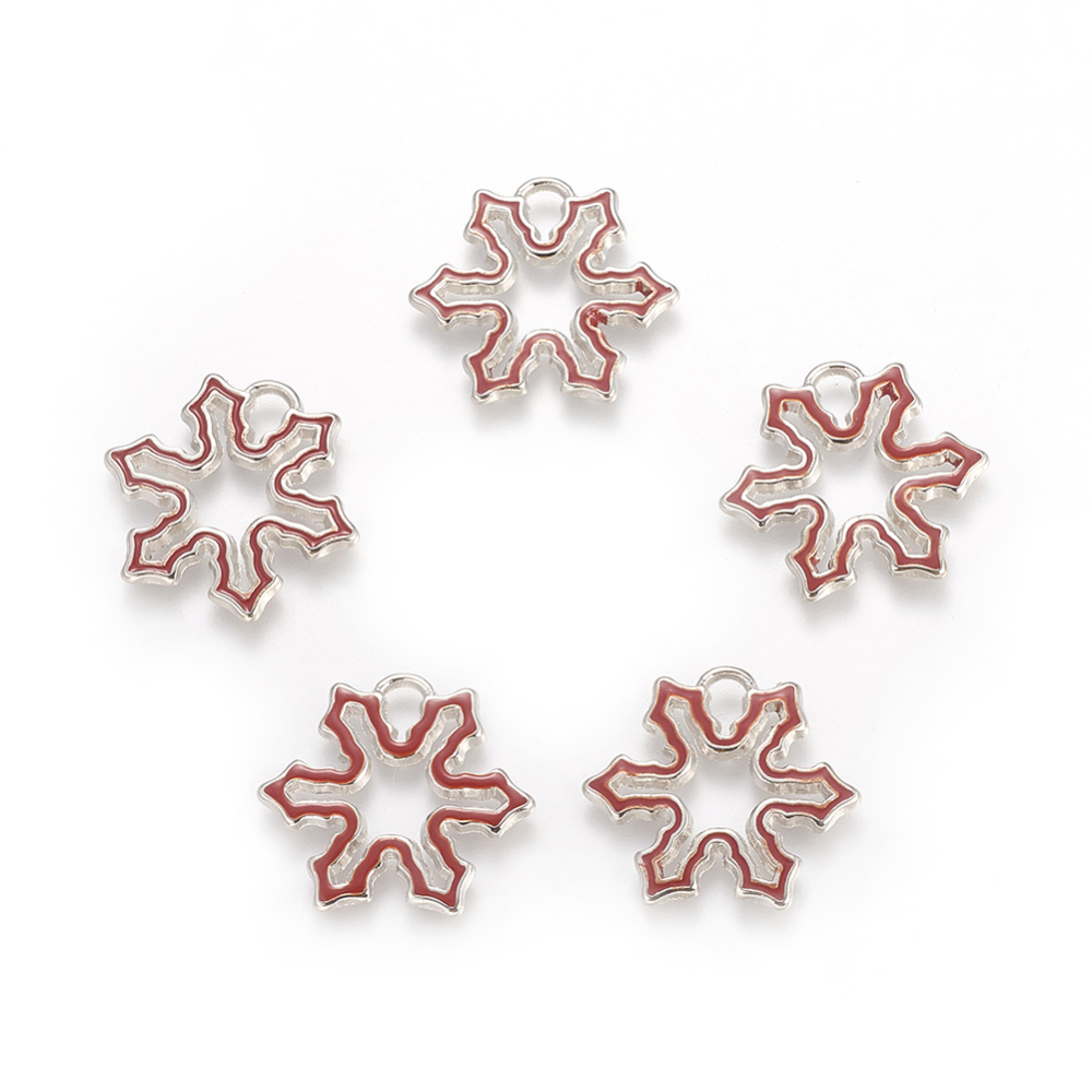PandaHall Alloy Enamel Pendants, Lead Free and Cadmium Free, Christmas Snowflake, Platinum Metal Color, Red, 23mm long, 25mm wide, 2mm thick...