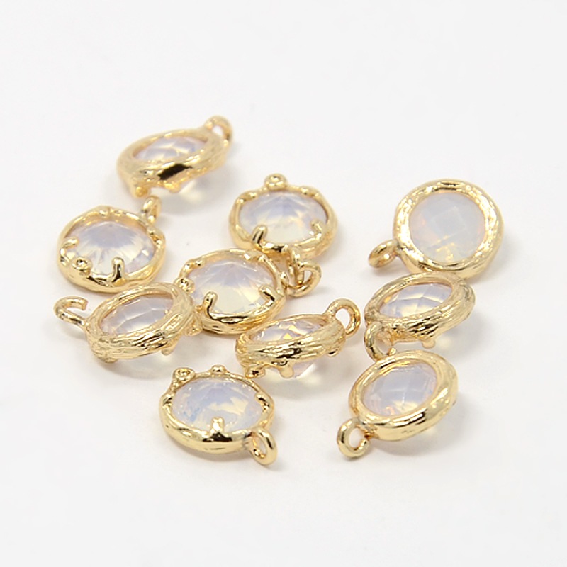 PandaHall Real Gold Plated Brass Glass Pendants, Faceted Flat Round Charms, WhiteSmoke, 10x7.5x4mm, Hole: 1mm Brass+Glass Flat Round White