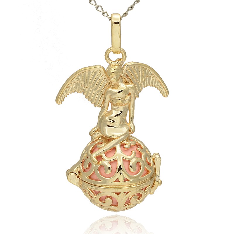 PandaHall Golden Tone Brass Hollow Round Cage Pendants, with No Hole Spray Painted Brass Round Beads, Round with Angel, Pink, 47x30x21mm...