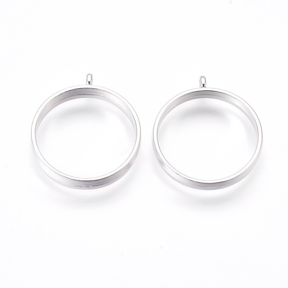 PandaHall Alloy Open Back Bezel Pendants, Flat Round, Platinum, 32.5x28.5x4.5mm, Hole: 1.8mm; 25mm inner diameter. Alloy Flat Round